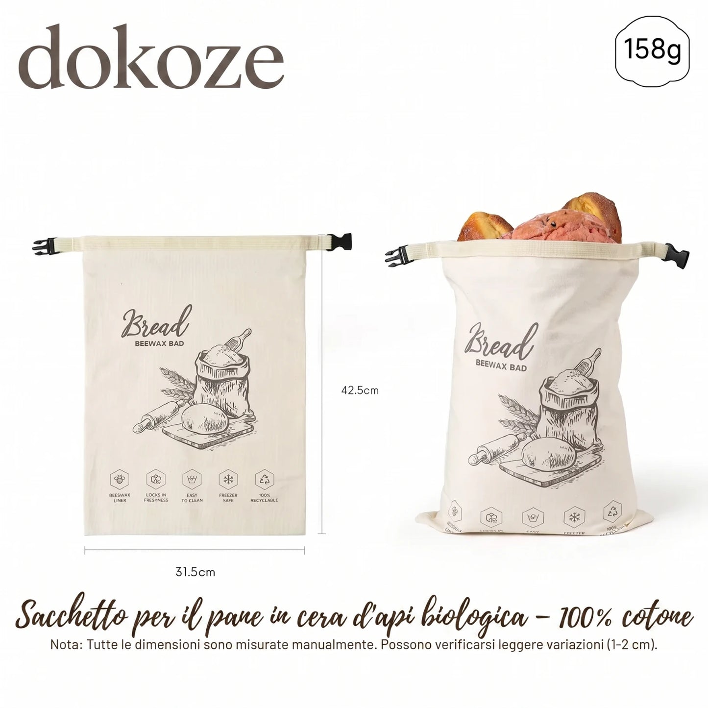Borsa del pane in cera d'api biologica – 100% cotone