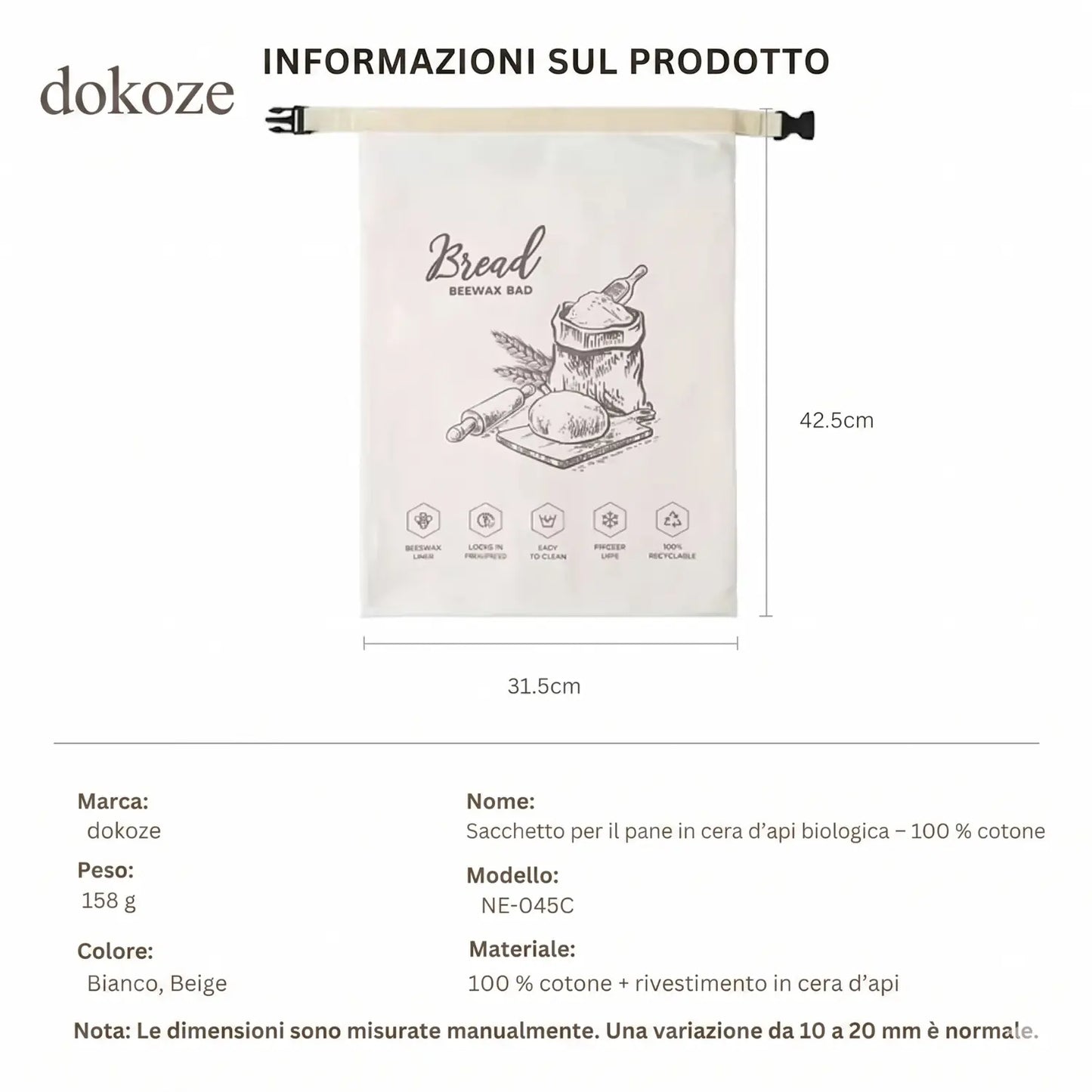 Borsa del pane in cera d'api biologica – 100% cotone