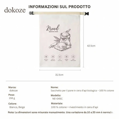 Borsa del pane in cera d'api biologica – 100% cotone