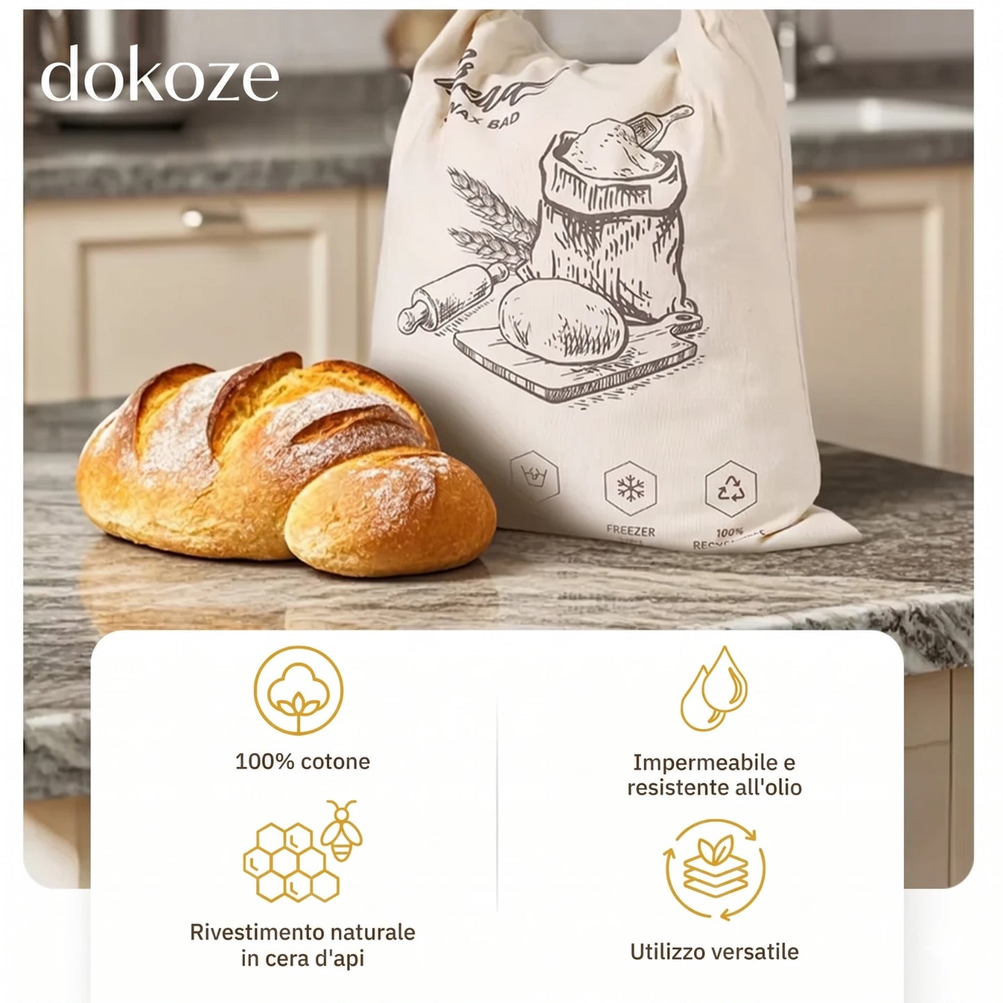 Borsa del pane in cera d'api biologica – 100% cotone